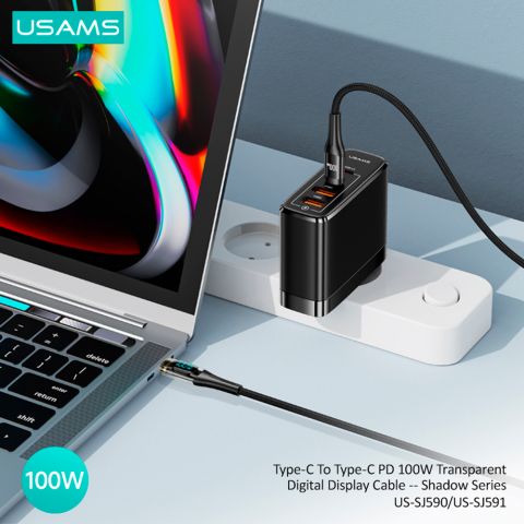 Кабель для зарядки Type-C to Type-C PD 100 Вт Прозрачный Кабель с  цифровым дисплеем — серия Shadow, 2 м, US-SJ591 ЧЕРНЫЙ