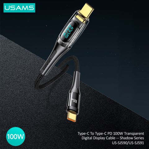 Кабель для зарядки Type-C to Type-C PD 100 Вт Прозрачный Кабель с  цифровым дисплеем — серия Shadow, 2 м, US-SJ591 ЧЕРНЫЙ