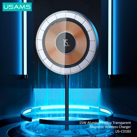 Беспроводная зарядка магнитная15W Алюминиевый сплав, прозрачный US-CD183 ЧЕРНОЕ