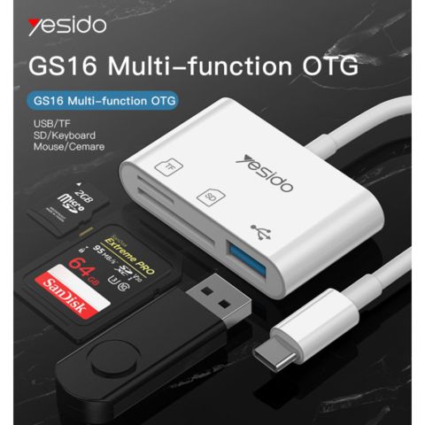 Адаптер OTG Type-C на USB 3.0 TF SD слот для карт и PD адаптер быстрой зарядки Yesido GS15