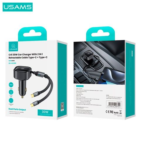 Автомобильное зарядное устройство Втягивающийся кабель Type-C+Type-C US-CC220 C41 30 Вт с 2IN1 ЧЕРНЫЙ US-CC220